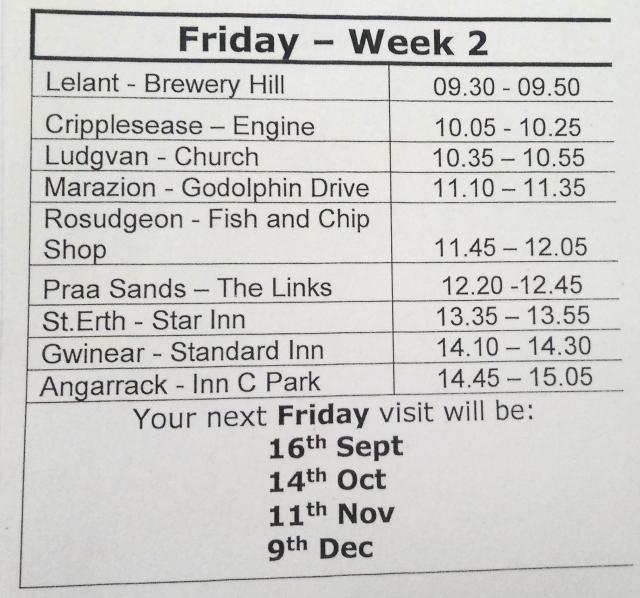 Your next Friday visit will be:  14th Oct, 11th Nov, 9th Dec